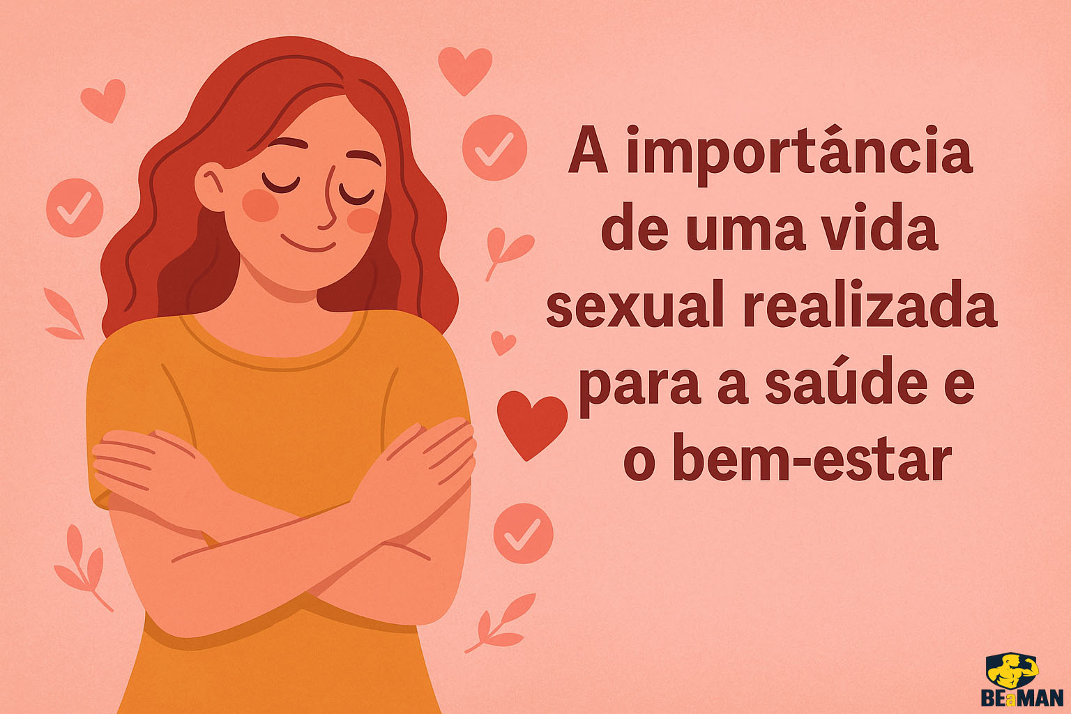 Ilustração de mulher com camisola amarela e texto sobre vida sexual e bem-estar