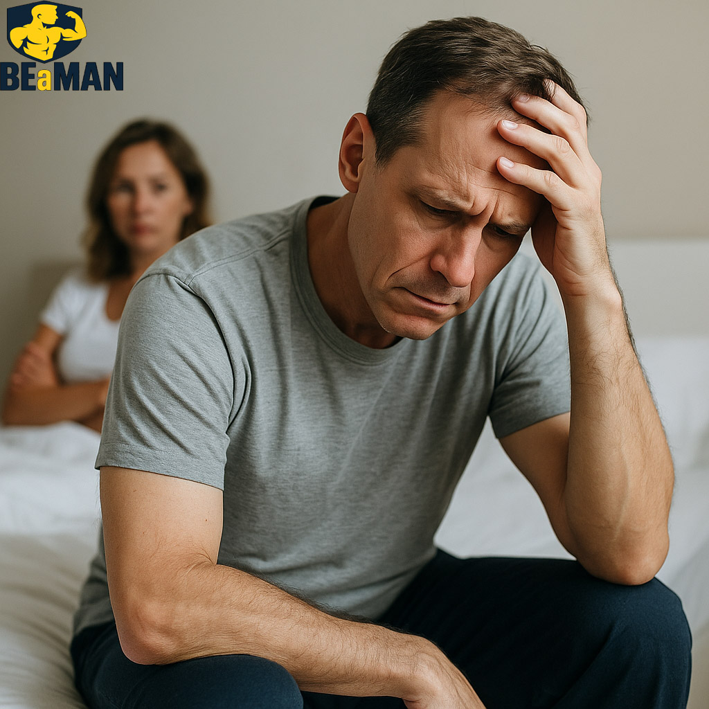 Homem preocupado sentado numa cama com mulher ao fundo e logótipo BE a MAN