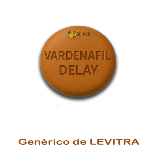 VARDENAFIL DELAY (10 comprimidos) Comprimido castanho redondo com texto VARDENAFIL DELAY e frase Genérico de LEVITRA.