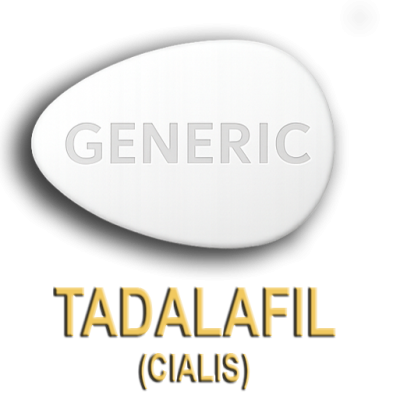 Comprimido branco formato gota com texto GENERIC, texto TADALAFIL (CIALIS) em fundo preto