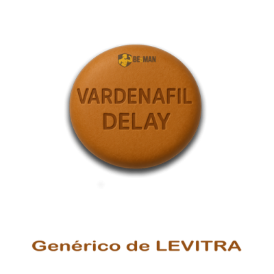 Comprimido castanho redondo com texto VARDENAFIL DELAY e frase Genérico de LEVITRA.