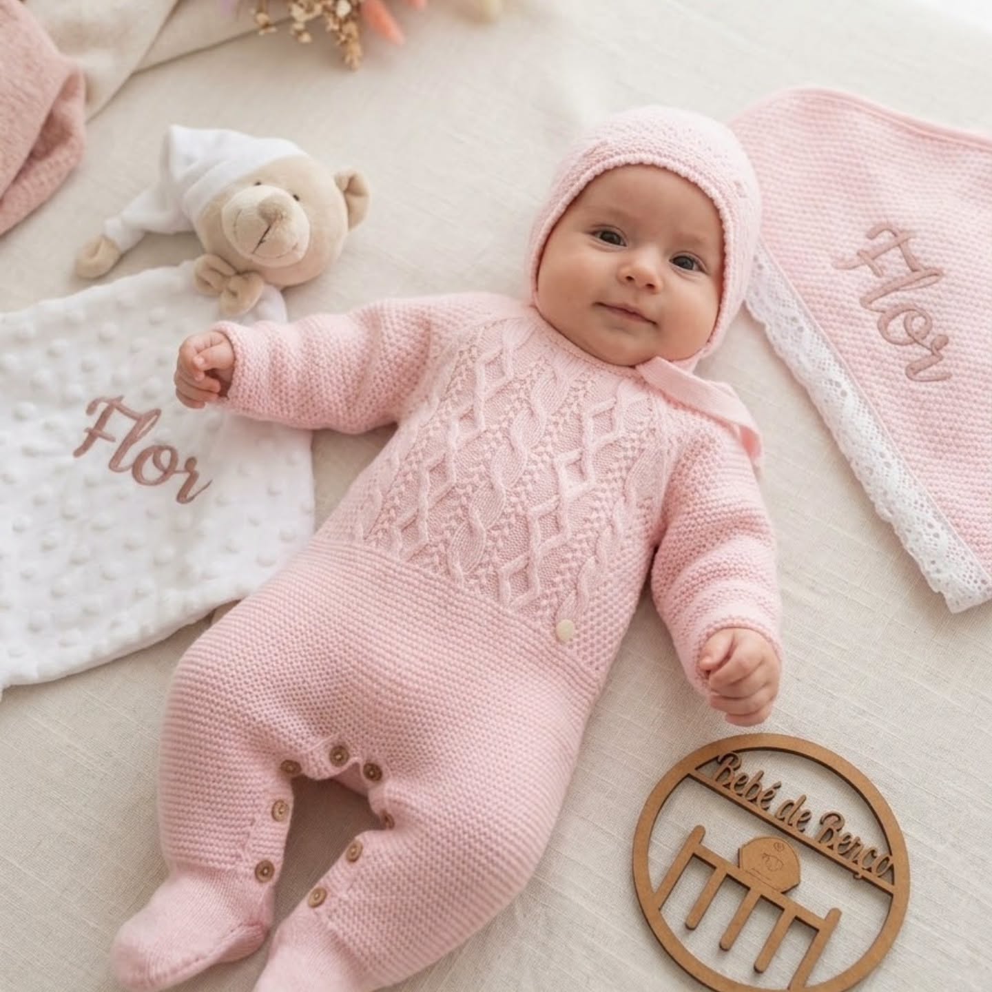 Bebé com roupa rosa e manta com nome Flor bordado