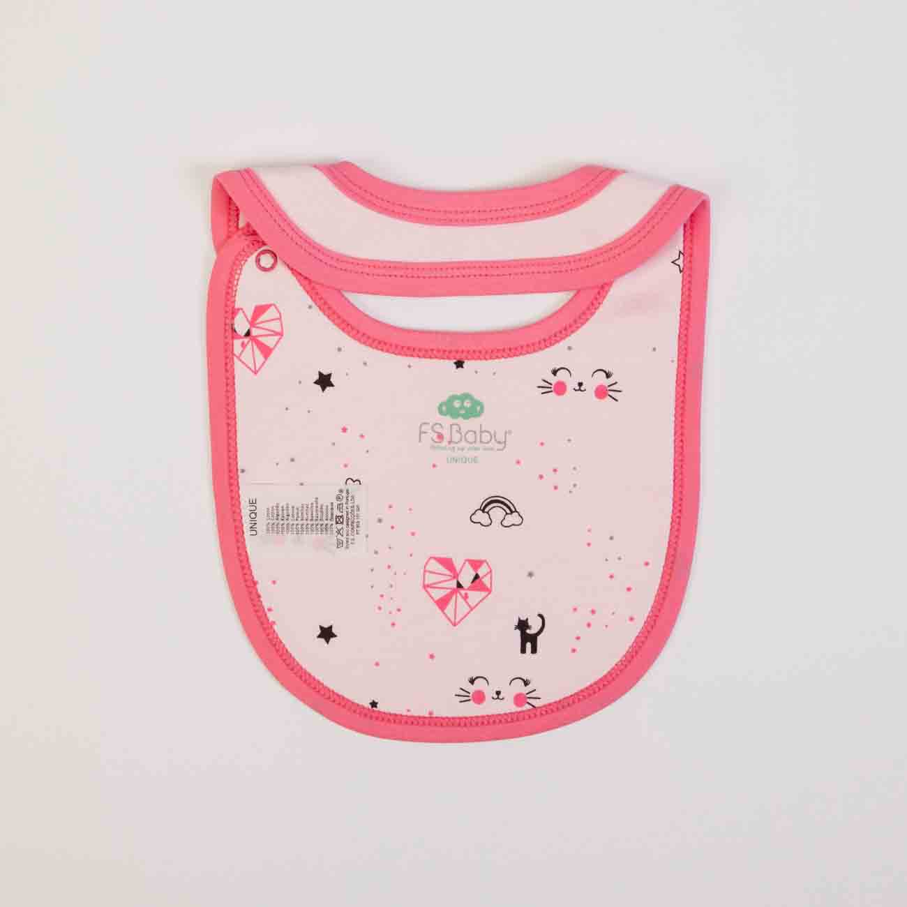 Babeiro de bebé branco com estampados rosa e pretos, acabamento em rosa