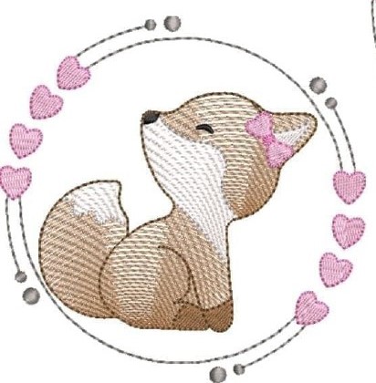 Raposa bordada castanha com laço cor-de-rosa rodeada por corações