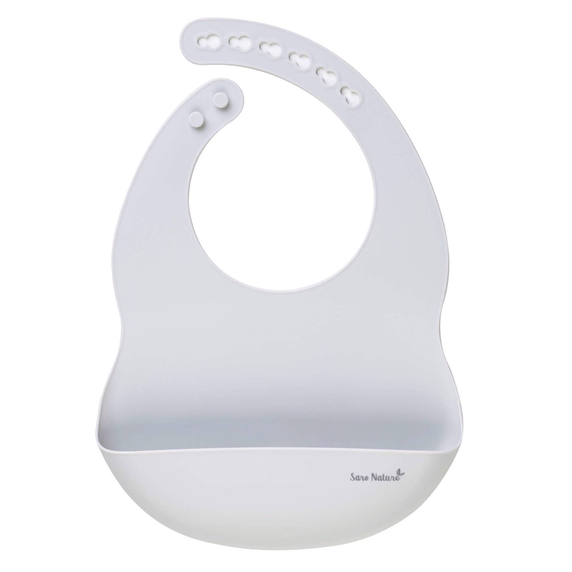 Babete infantil branco em silicone com bolso e botões para ajuste