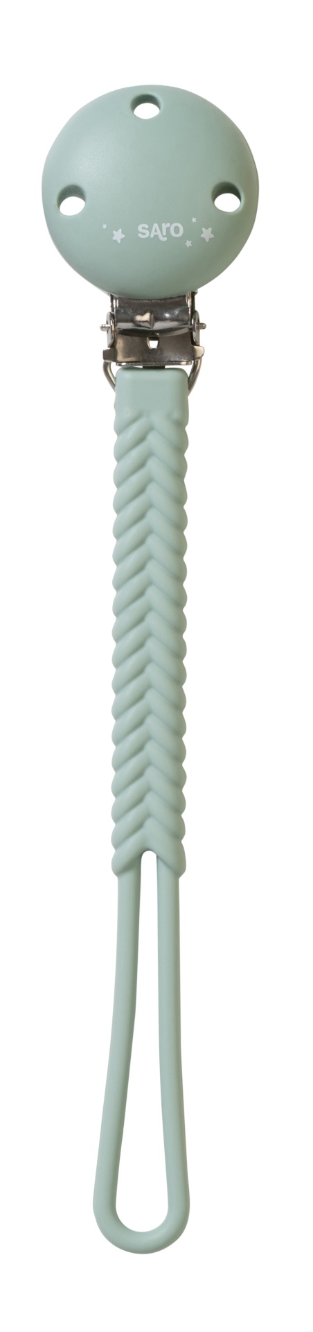 Pinça prendedor de chupeta verde claro em silicone com clip metálico e texto SARO