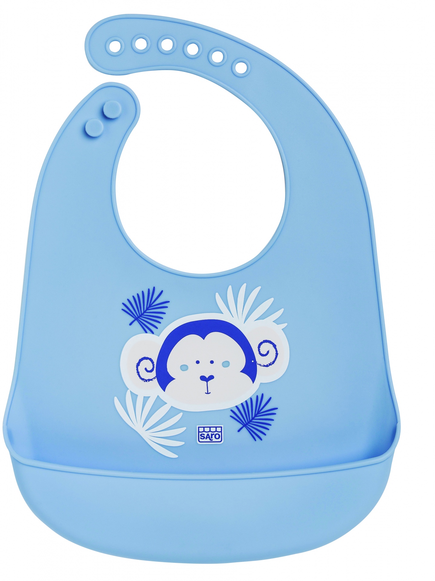 Babete de silicone azul claro com desenho de macaco e folhas