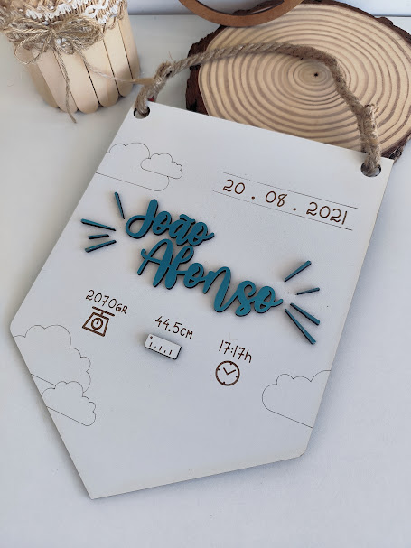 Placa decorativa branca com nome João Afonso e informações de nascimento em azul e preto