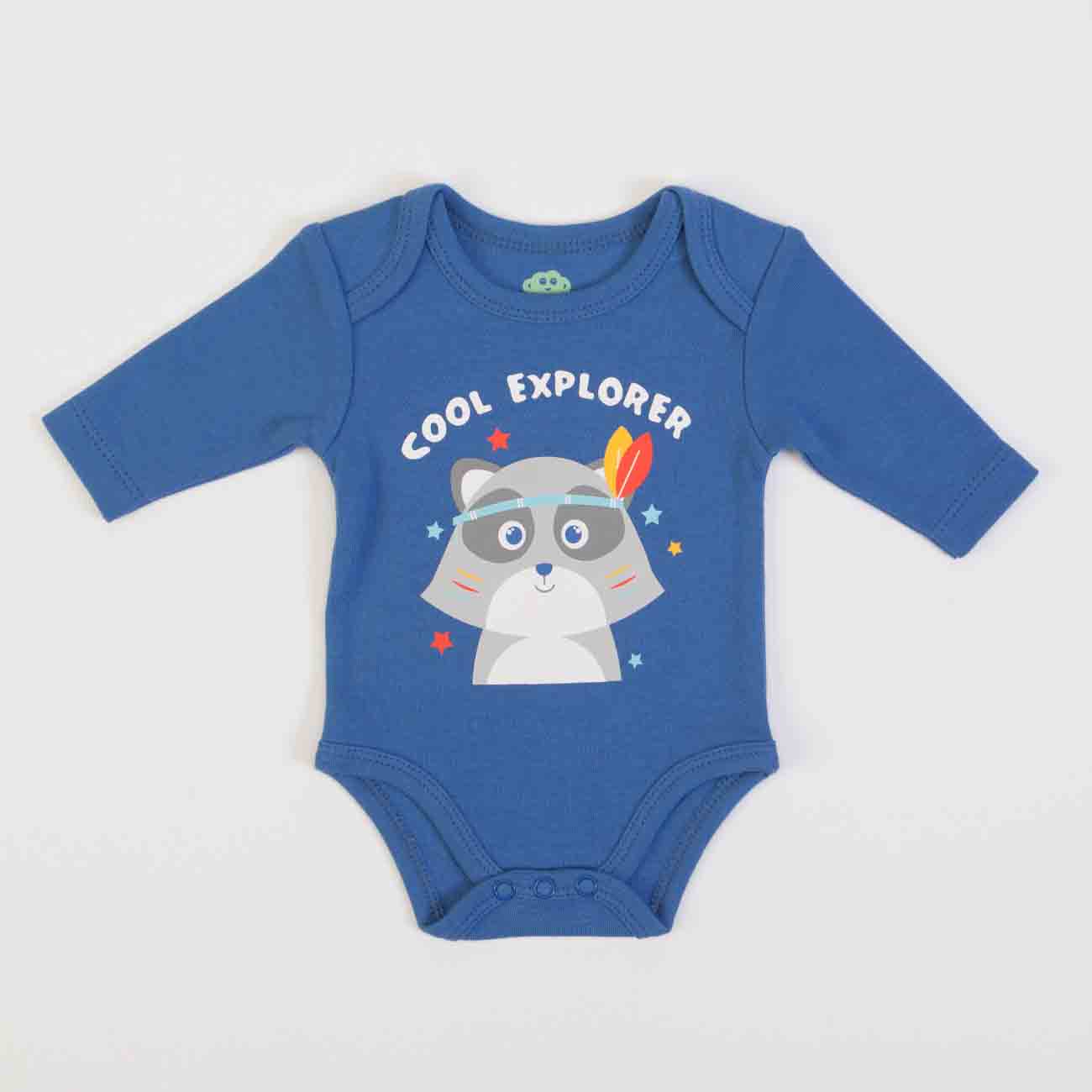 Body azul para bebé com estampa de guaxinim e texto 