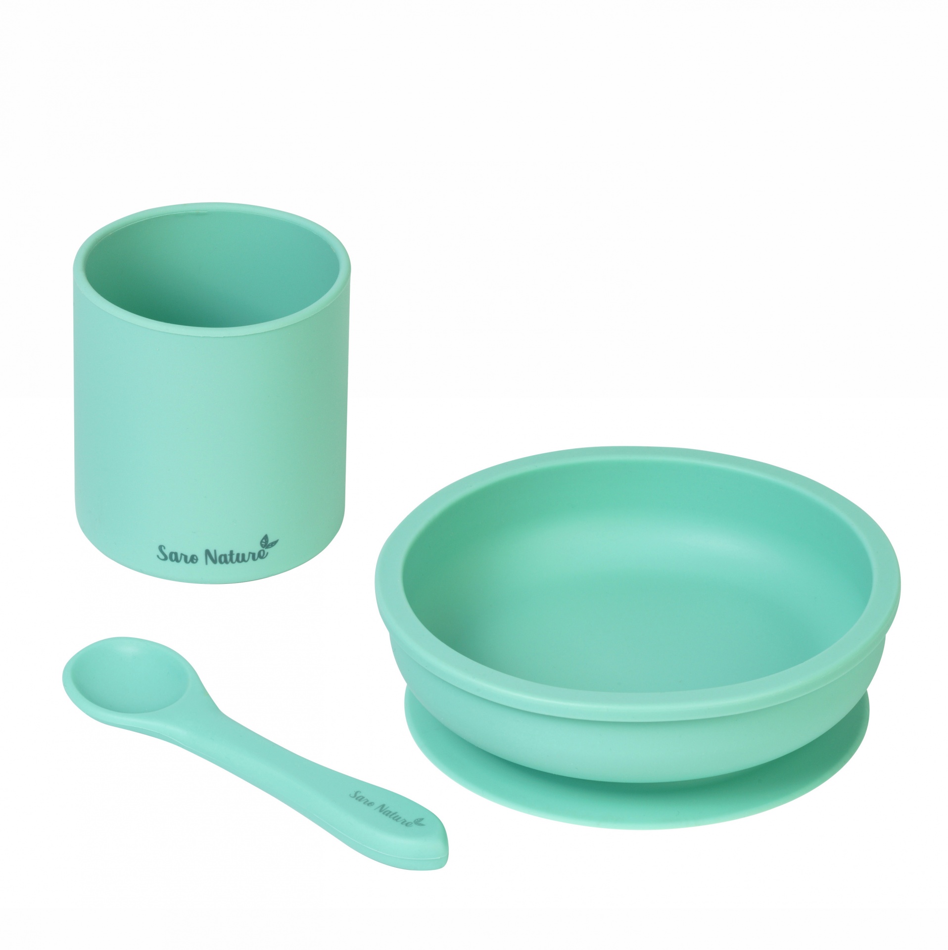 Conjunto de alimentação infantil silicone verde água com copo, prato e colher