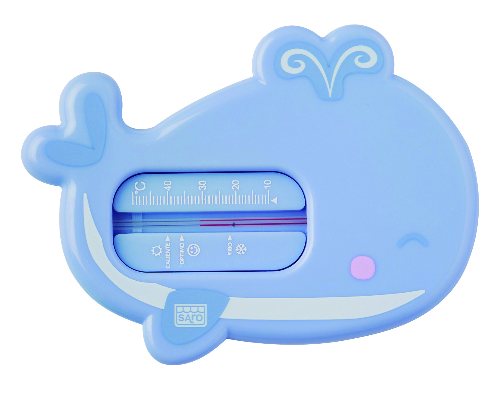 Termómetro de banho baleia azul com marcações de temperatura e botão rosa