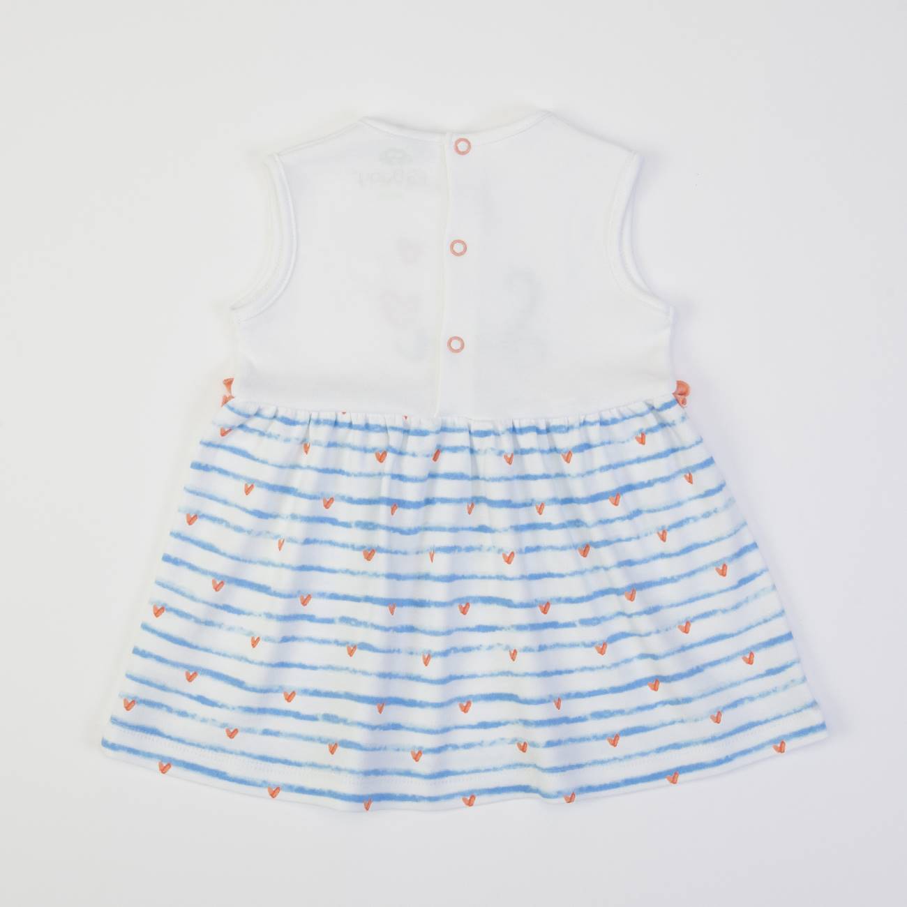 Vestido infantil branco e azul com corações e riscas