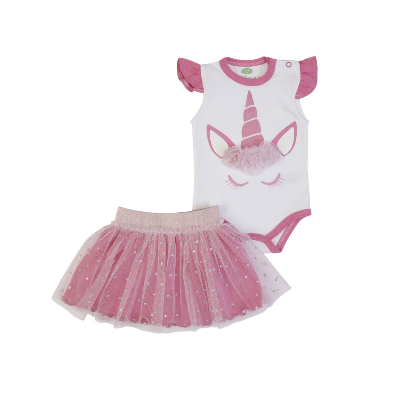 Conjunto de body branco e saia de tule rosa para bebé com estampa de unicórnio