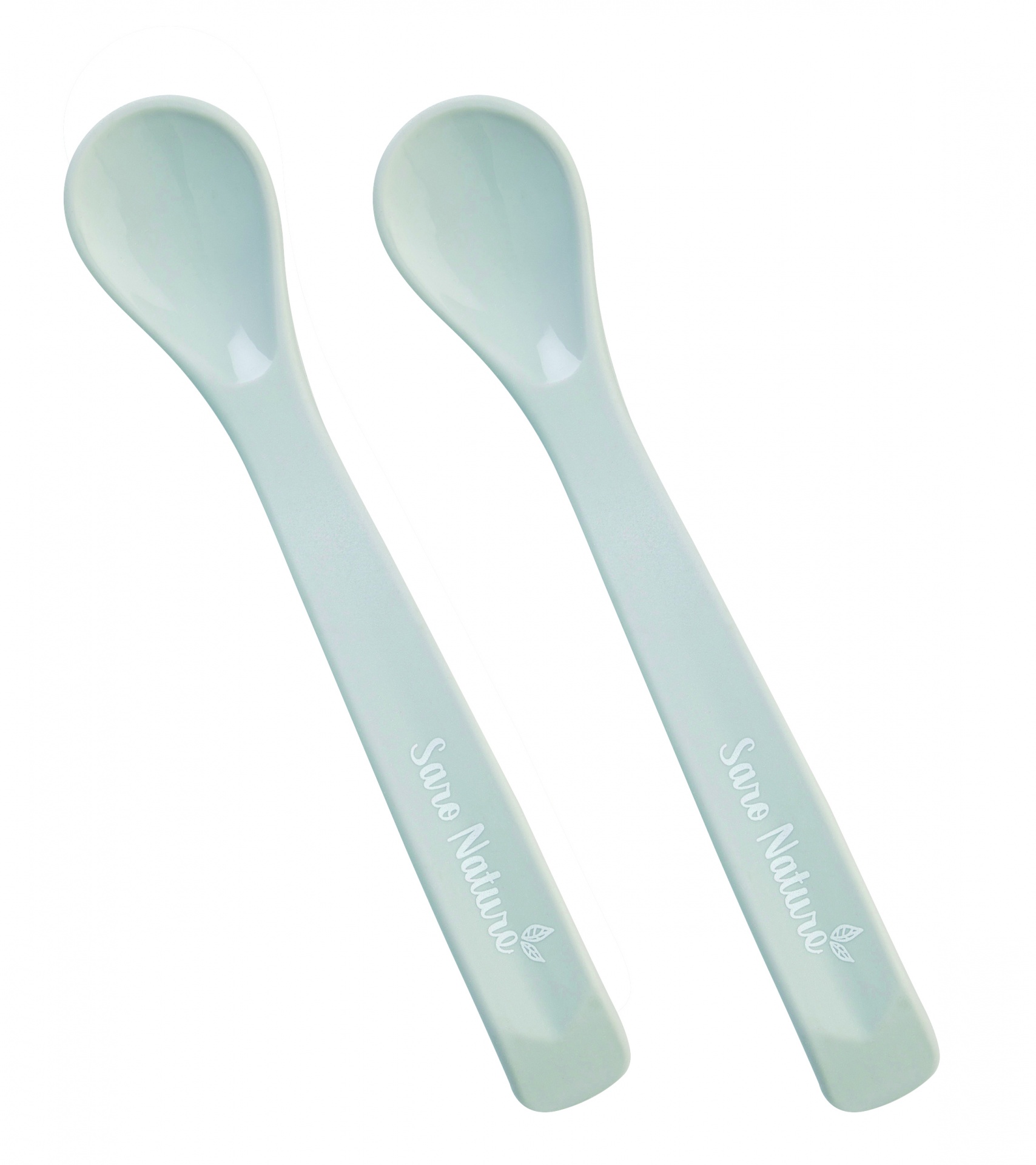 Duas colheres azuis claras com o texto 'Save Nature' no cabo