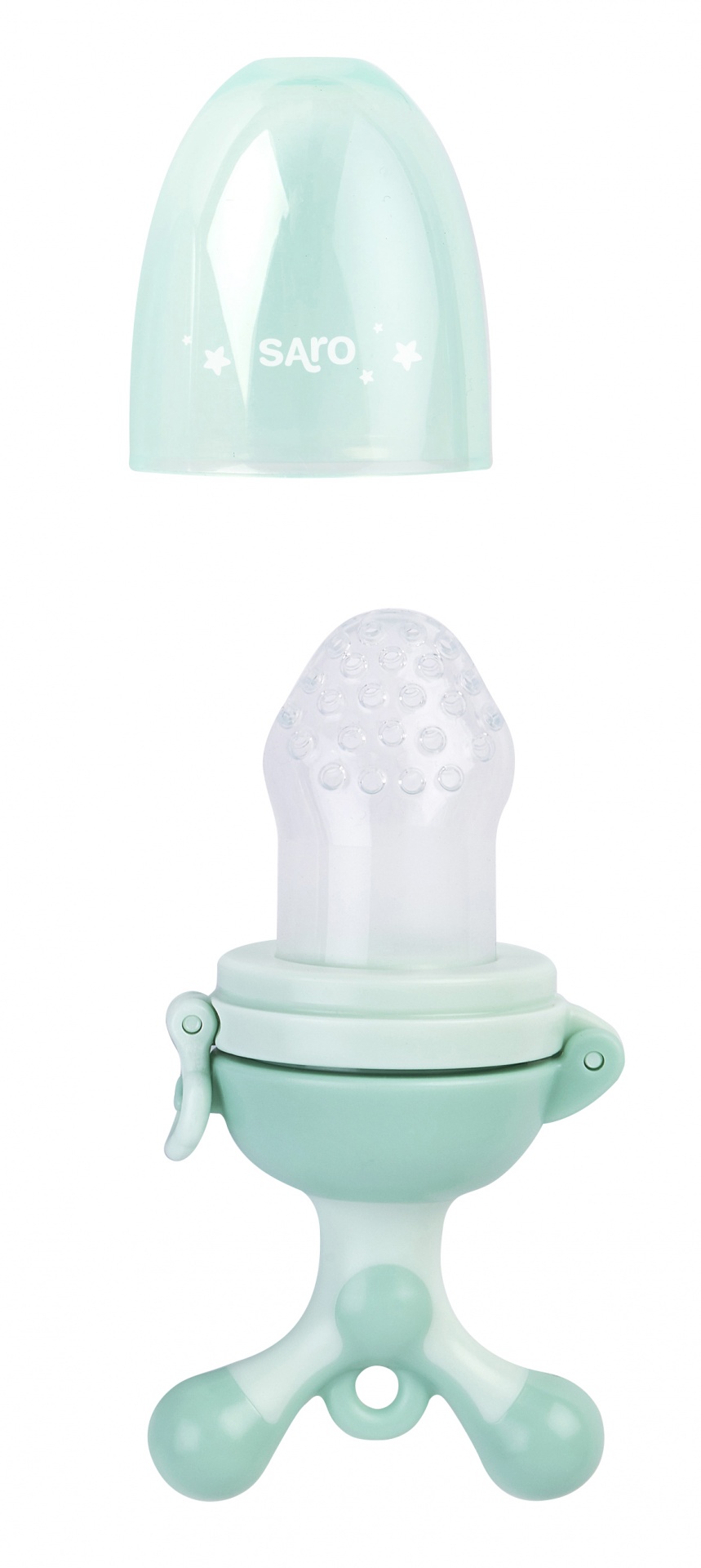 Dispositivo alimentar para bebés verde claro com tampa e marca SARO