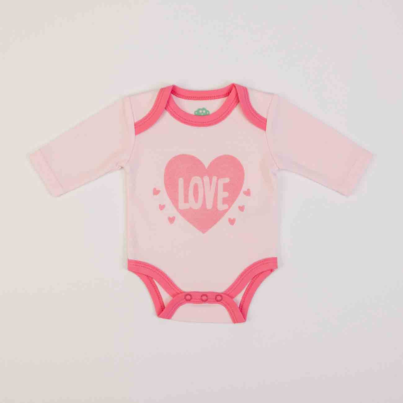 Body de bebé rosa com coração e palavra LOVE