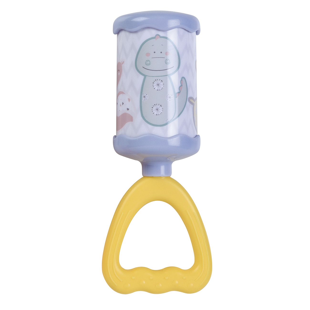 Chocalho de bebé com pega amarela e cilindro com desenhos de animais
