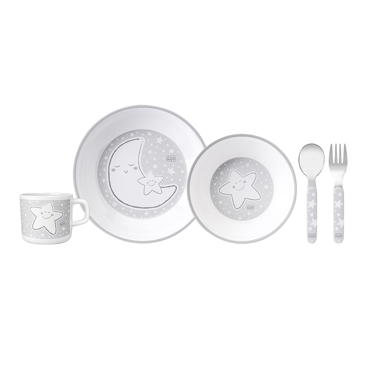 Conjunto de refeição para criança com prato, chávena e talheres decorados com lua e estrela cinzentas