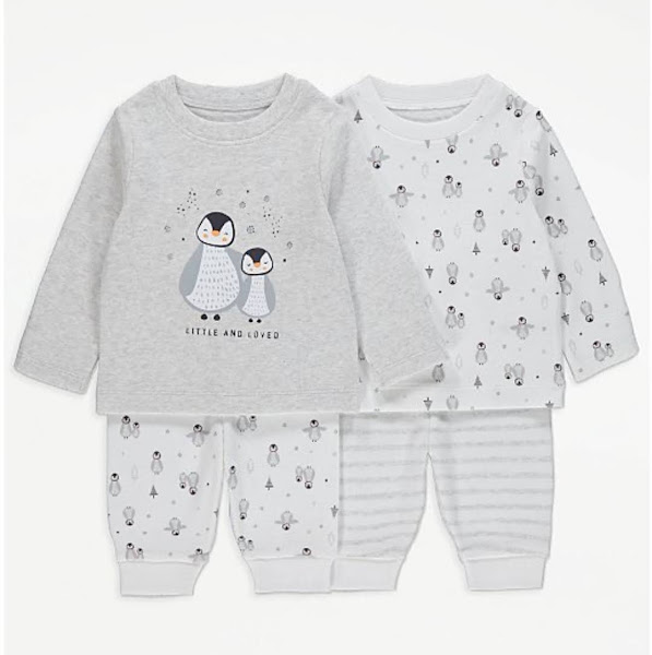 Dois conjuntos de pijama para bebé com motivos de pinguins em cinzento e branco