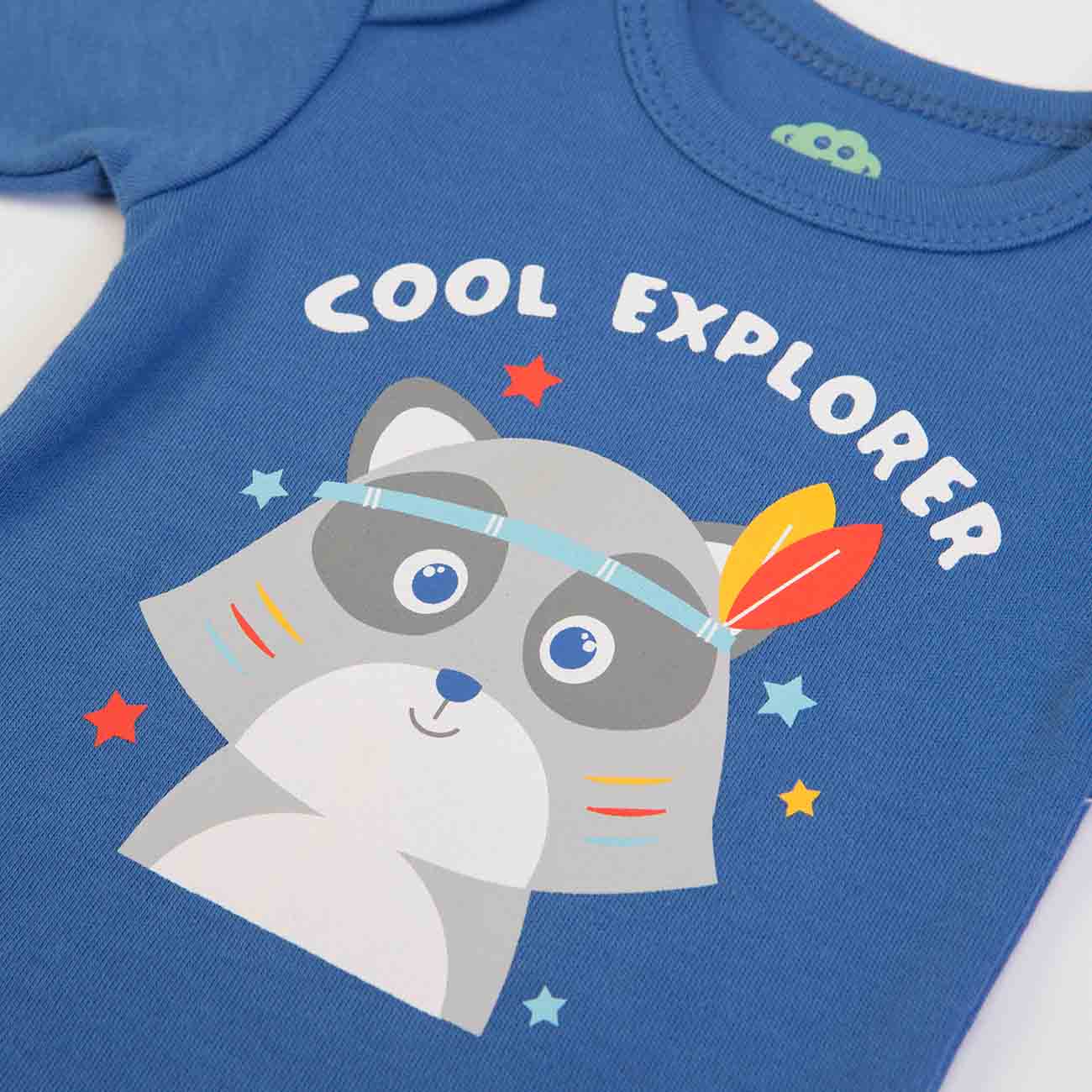 T-shirt azul com guaxinim e texto 'COOL EXPLORER'