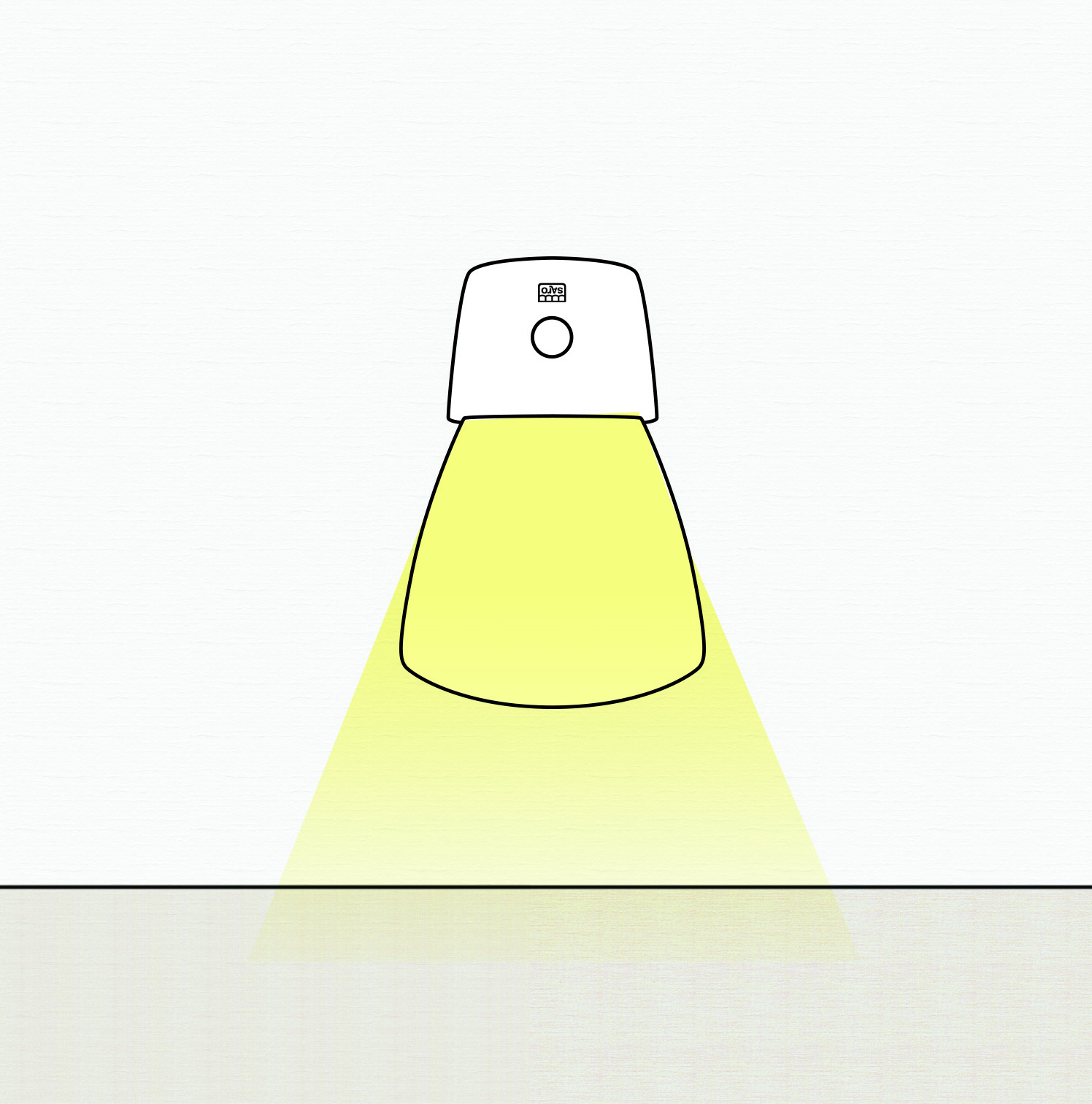 Lâmpada de parede branca com luz amarela a iluminar uma superfície clara