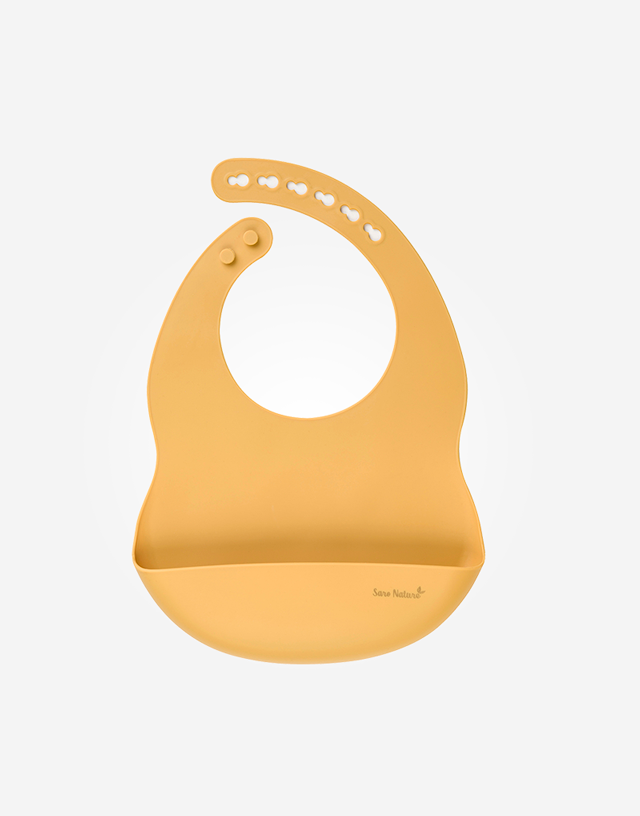 Babete de silicone âmbar com bolsão e ajuste regulável