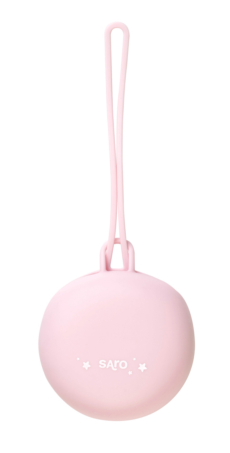 Estojo redondo de silicone cor-de-rosa com alça e texto saro em branco