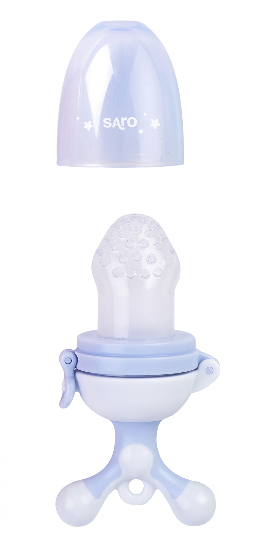 Chupeta alimentadora de bebê azul e branca com tampa transparente e texto SARO