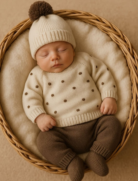 Bebé a dormir numa cesta com roupa de malha creme e castanha