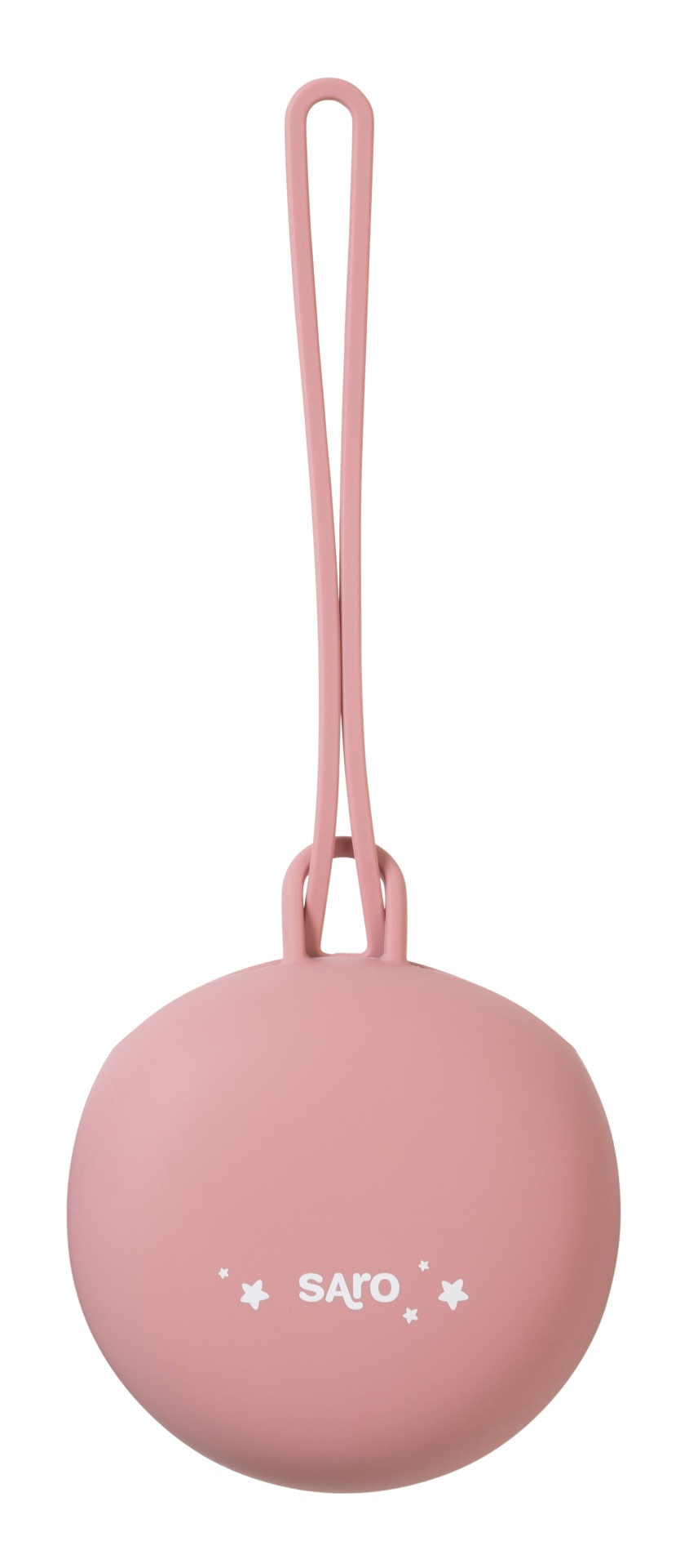 Estojo redondo rosa em silicone com texto saro e estrelas pequenas