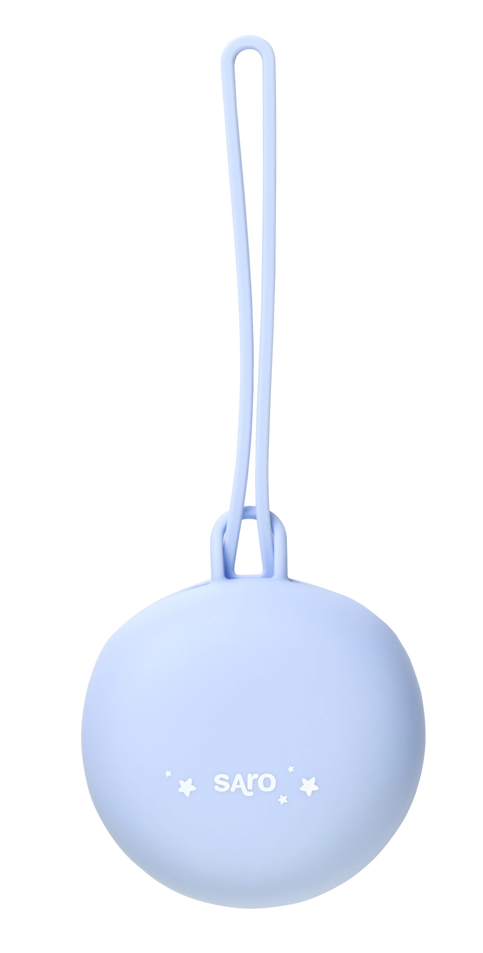 Estojo redondo azul claro em silicone com alça e texto branco 'Saro'
