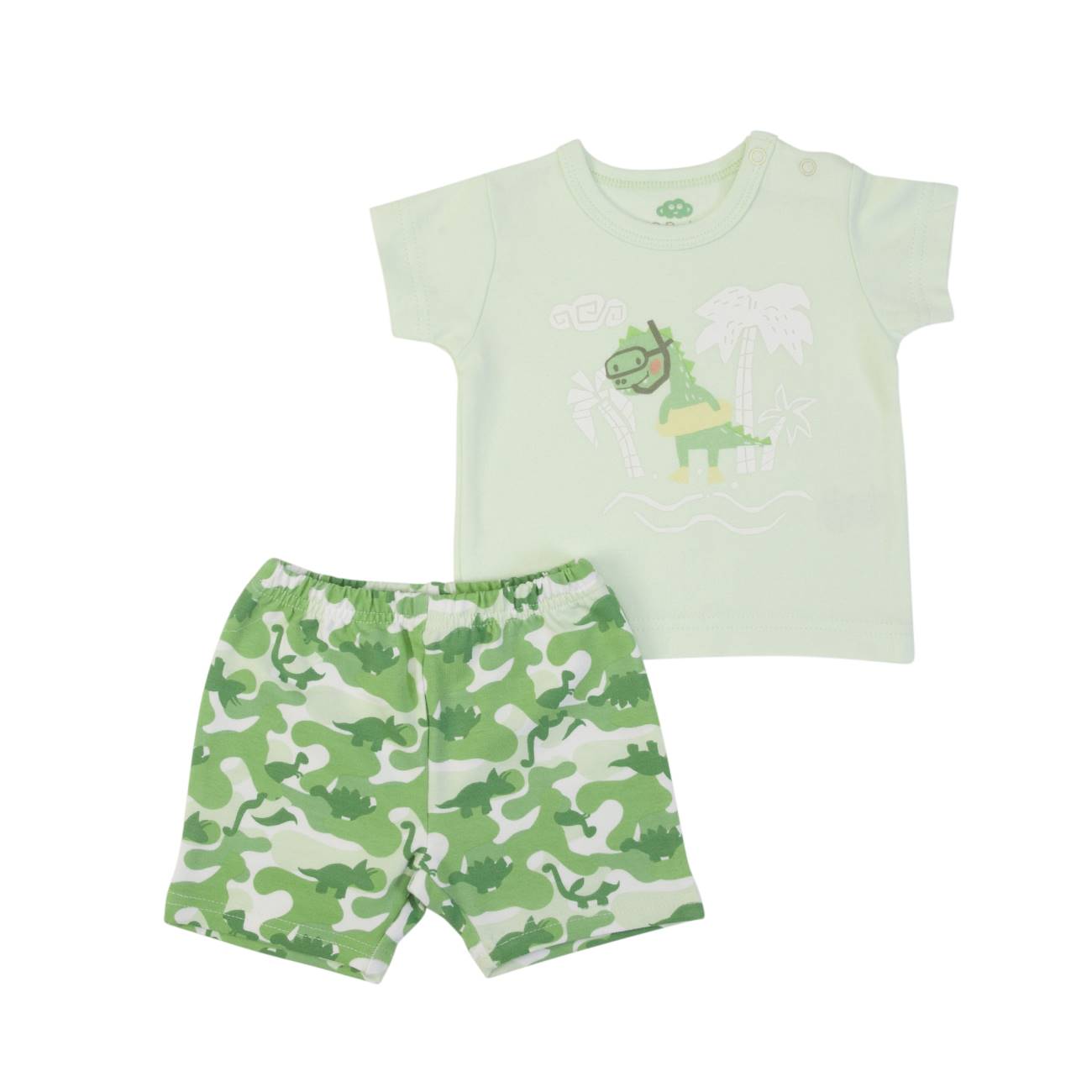 Conjunto de roupa de bebé com t-shirt verde claro e calções camuflados verdes