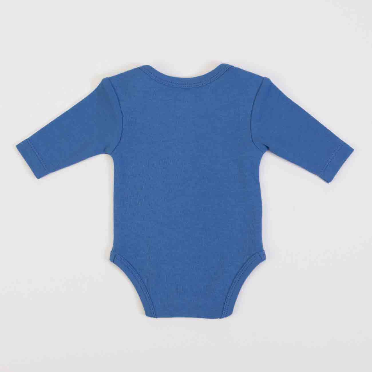 Body azul de bebé de manga comprida visto de costas