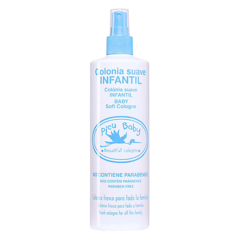 Frasco branco com tampa de spray azul de colónia suave infantil Picu Baby.