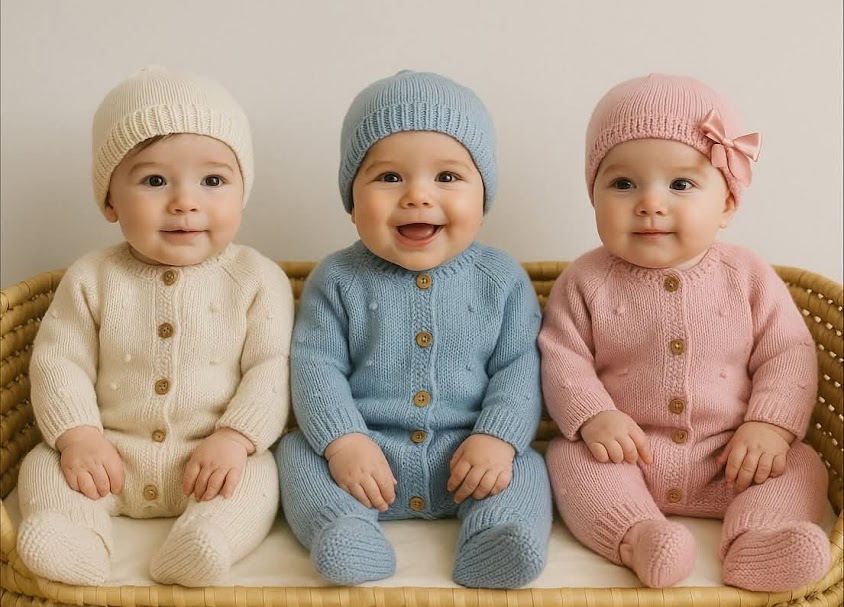 Três bebés com fatos de malha creme, azul e rosa sentados num sofá de vime.