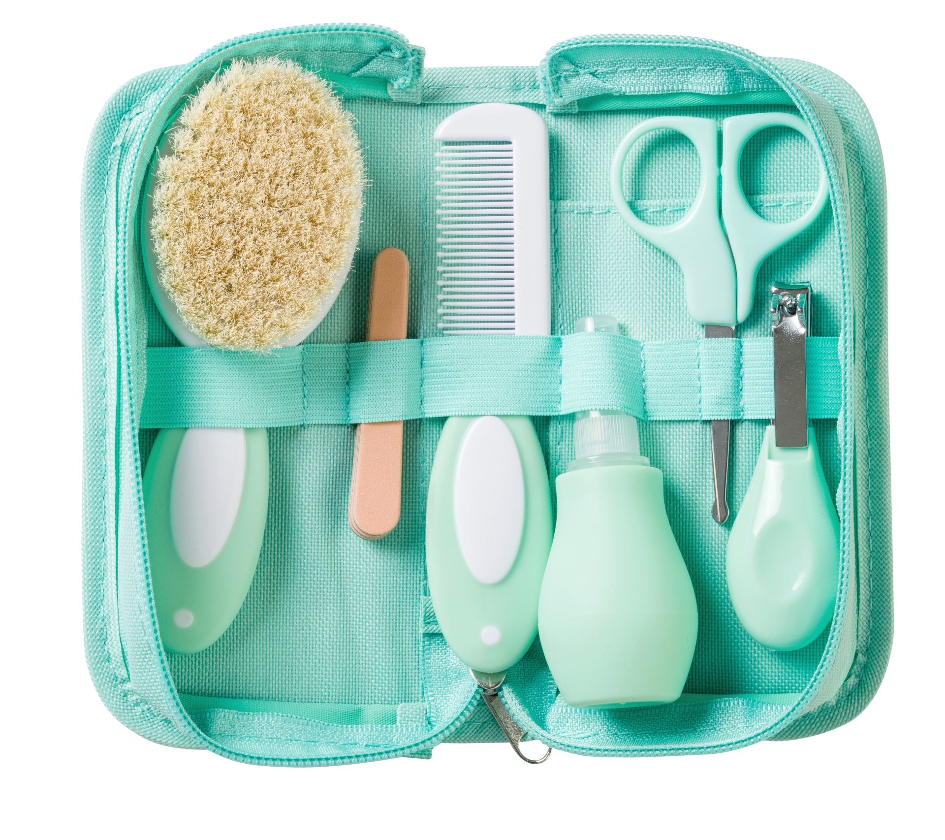 Kit de cuidados pessoais azul claro organizado num estojo aberto