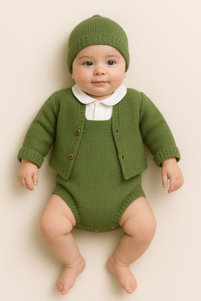 Bebé com conjunto verde em malha e camisa branca num fundo creme.