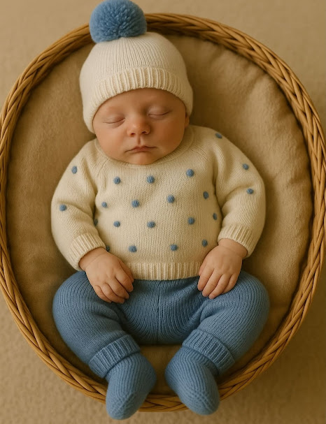 Bebé com roupa de malha com pompons, deitado em almofada num cesto de vime.