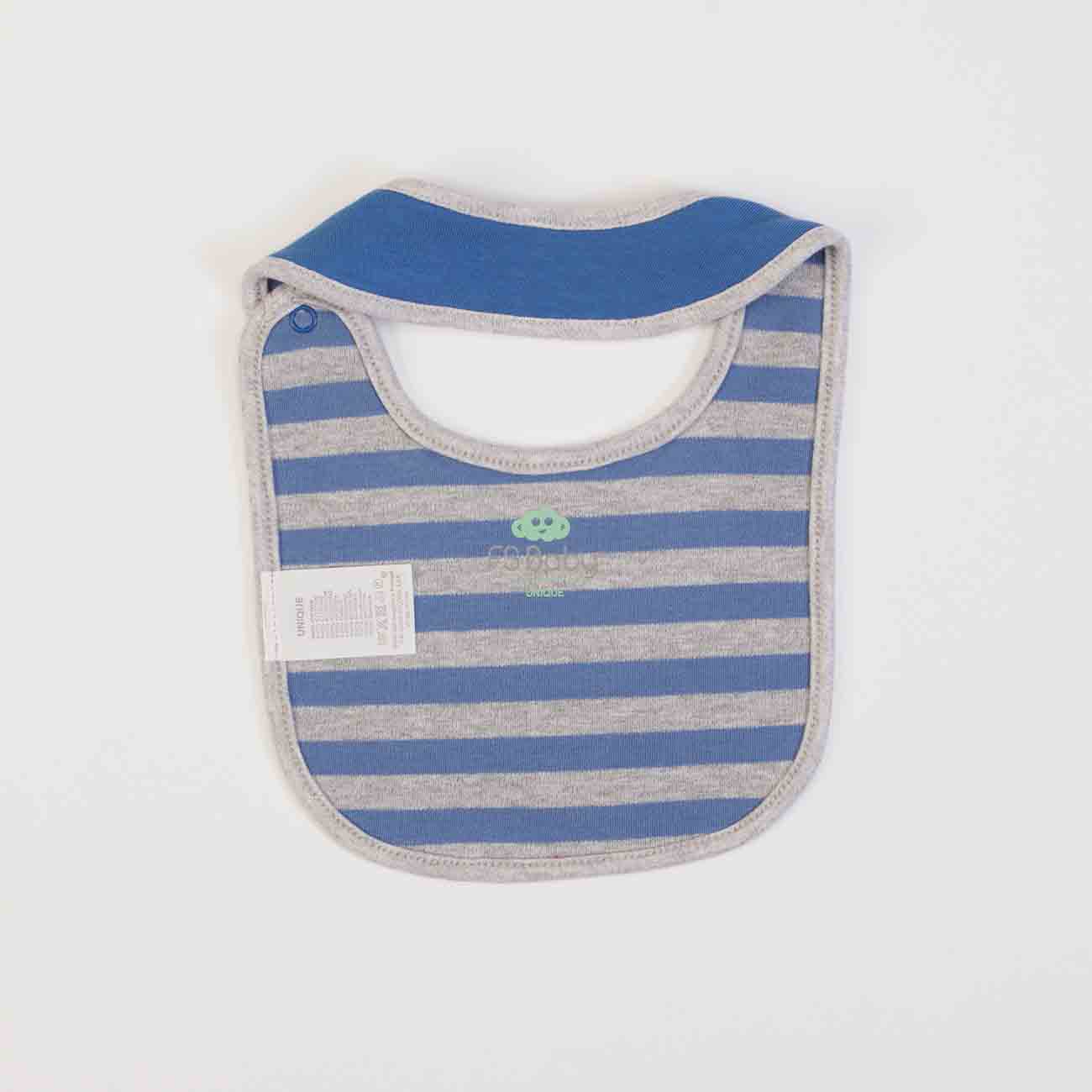 Babete de criança azul e cinza às riscas