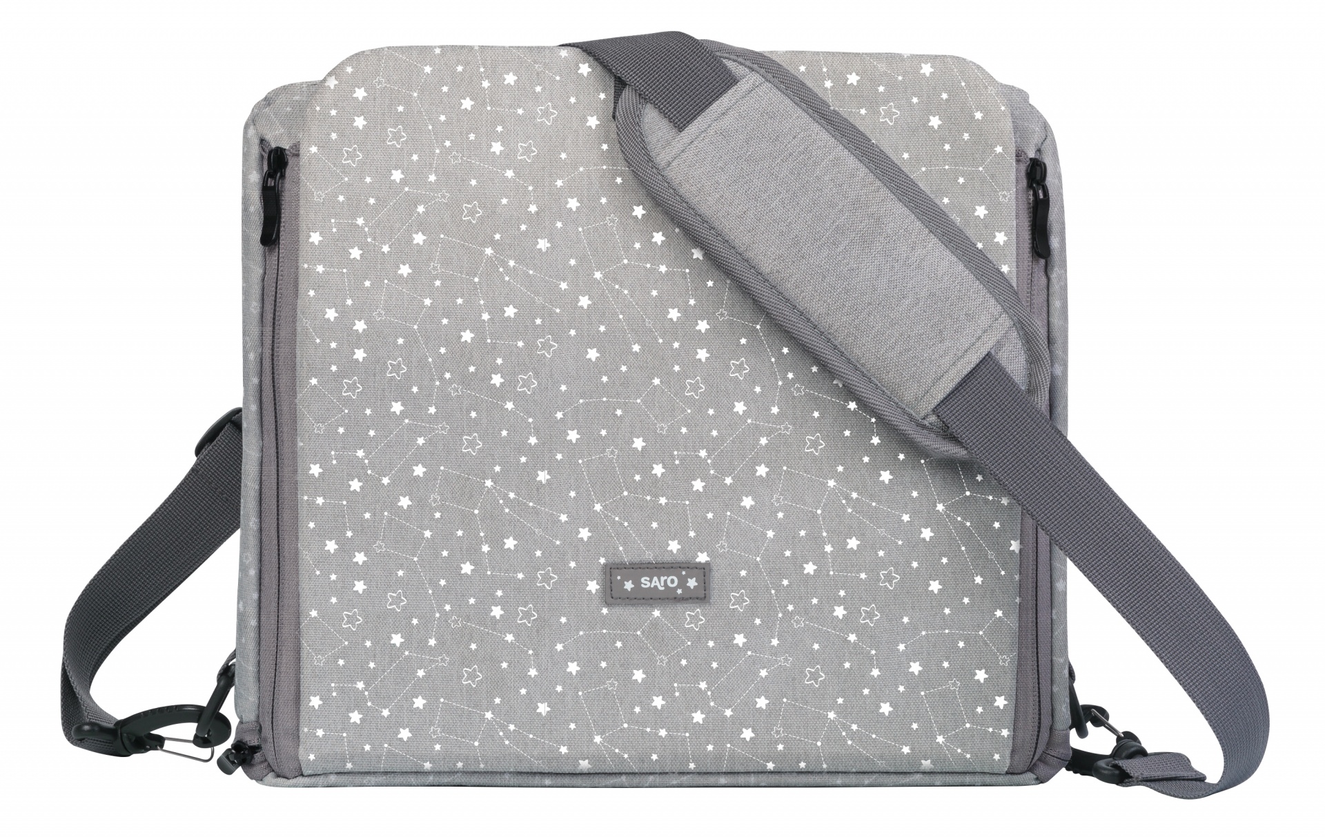Saco cinzento claro com padrão de estrelas brancas e alça de ombro acolchoada