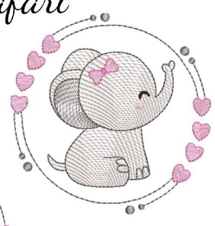 Ilustração de elefante cinza com laço cor-de-rosa e corações ao redor