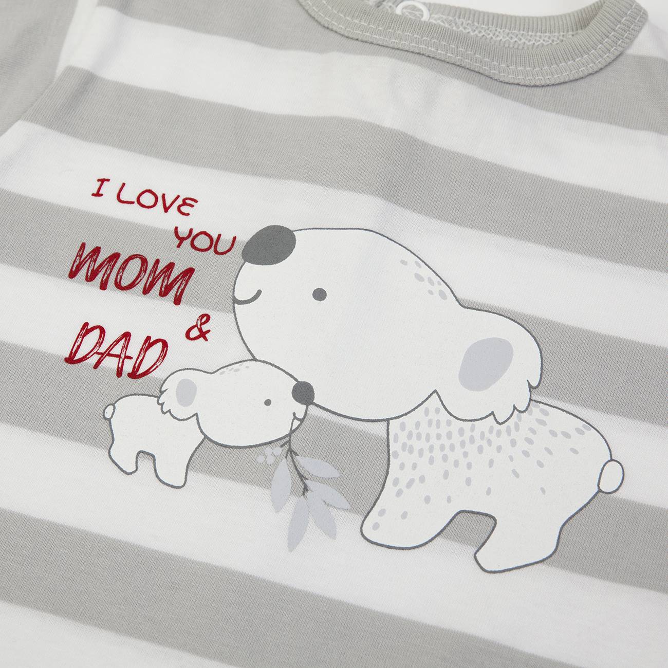 Camisola bebé riscas cinza e branco com desenho de ursos e texto em vermelho