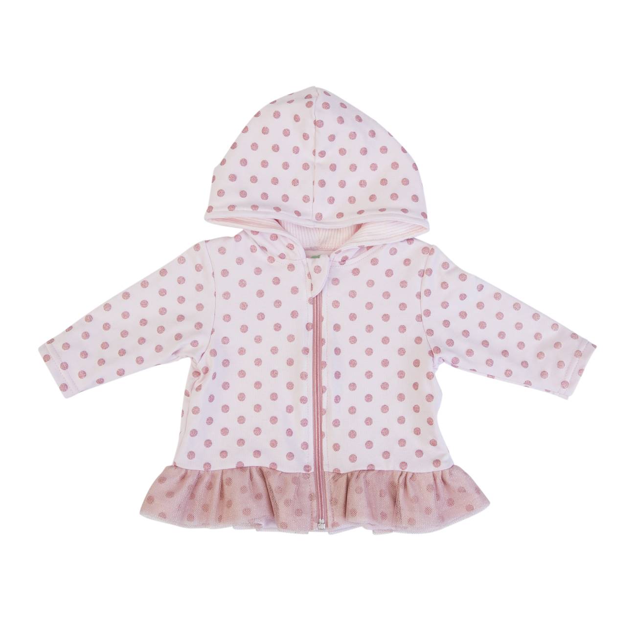 Casaco de bebé rosa claro com pequenos pontos e capuz