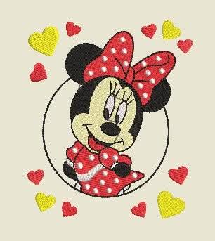 Bordado de Minnie Mouse com corações amarelos e vermelhos