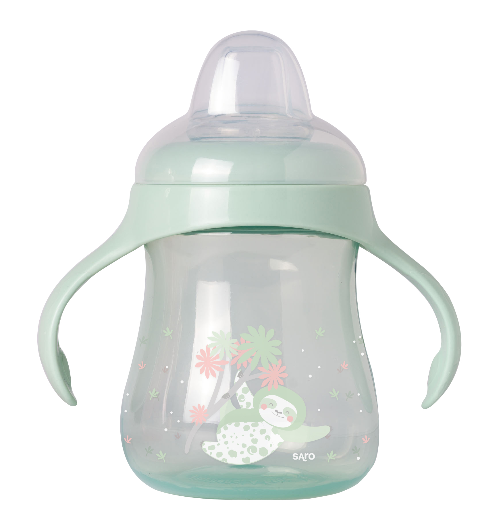 Biberão de treino plástico verde-menta com desenho de bicho preguiça e flores