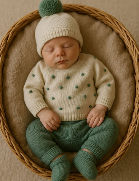 Bebé vestido com roupa de malha creme e verde numa cesta de vime.