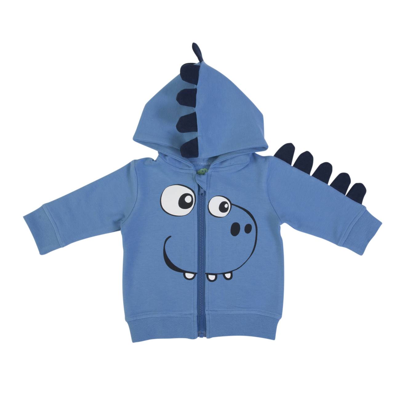 Casaco azul para criança com capuz e motivos de dinossauro
