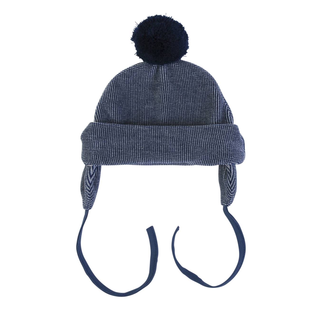 Gorro azul escuro de malha com pompom e cordões