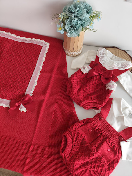 Conjunto de bebé vermelho com renda branca e laços, manta e roupa em malha, ao lado de vaso com flores azuis