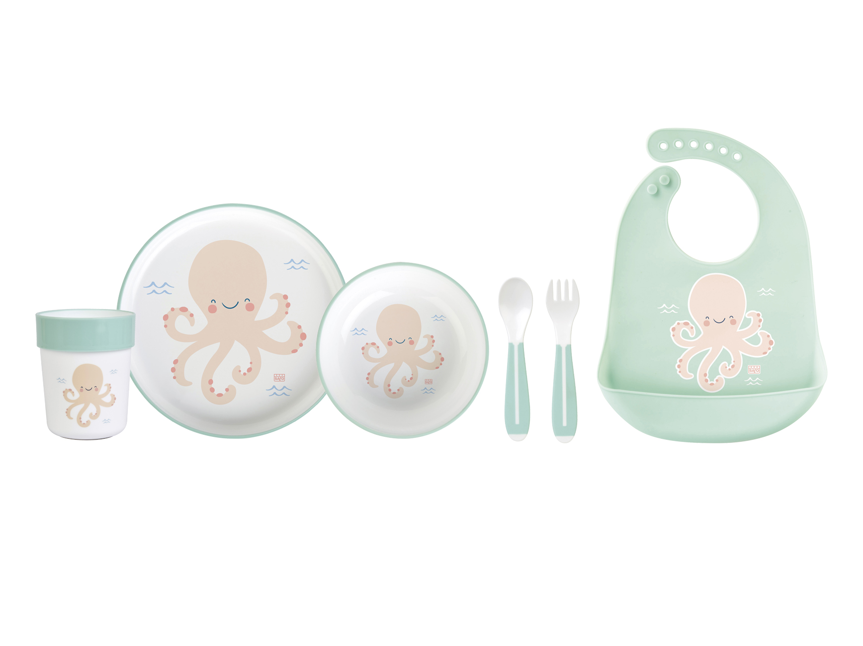 Conjunto infantil de alimentação com tema polvo em tons de rosa, branco e verde-água.
